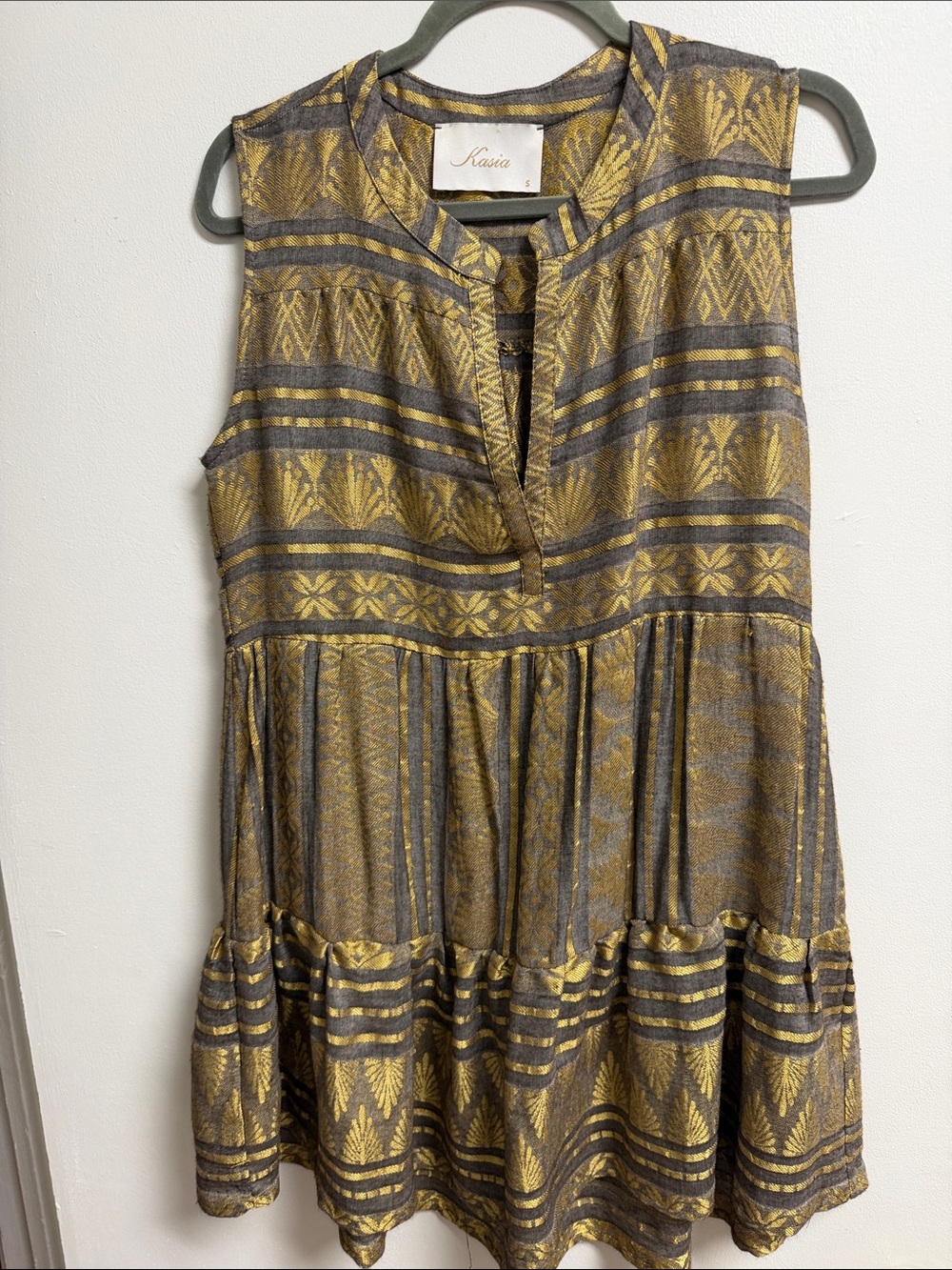 Kasha Greece Gold Grey Embroidered Cotton Tiered Flowy Sleeveless Mini Dress S M